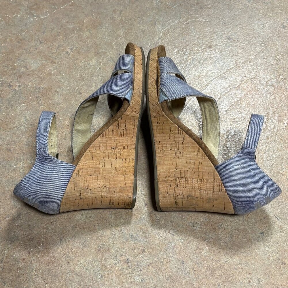 TOMS Clarissa Blue Denim Wrapped Vamp Wedge Sandals Cork Heels 7 - Picture 13 of 13